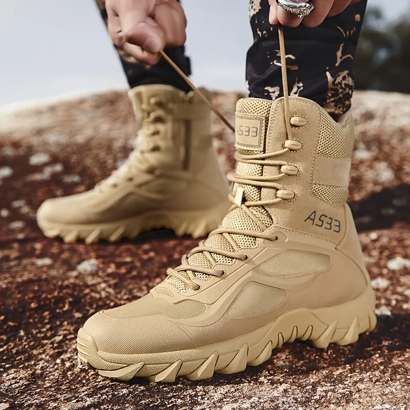 Men's High-Top Jungle Combat Boots - Beige & Rubber Outdoors Boots with Breathable Mesh, Padded Collar Support & Non-Slip Sole for Hiking, Camping, Trekking in Winter Spring Fall, Camping Footwear | Rugged Boot Design |