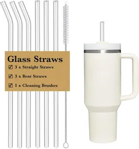 6 PCS Clear Glass Reusable Straws for Stanley 40 oz 30 oz Cup Tumbler, Shatter Proof, 6 Pack with Cleaning Brush