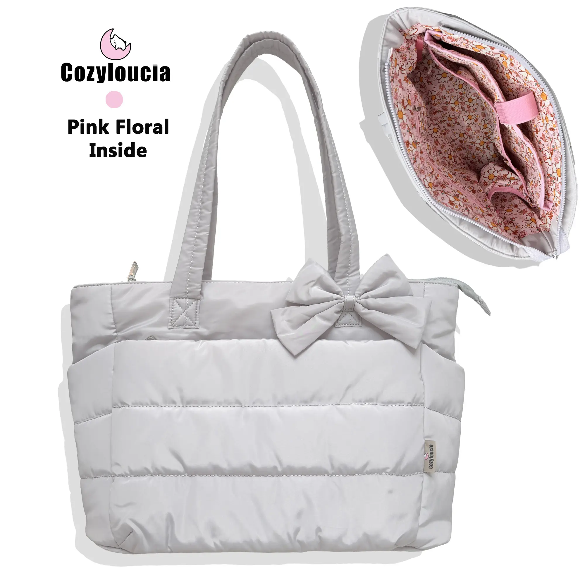 Light Grey-Pink Floral -Bow