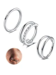 3 Piece Set Nose Rings, Hinged Nose Ring, Stainless Steel Double Hoop 16G Hinge CZ Piercing Nose Jewelry, Unisex Fashion for Any Occasion, Spiral Nose Ring, Nose Rings Hoops