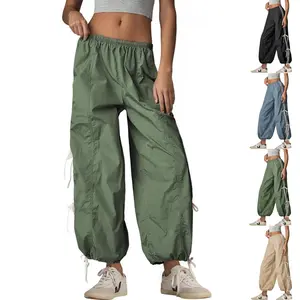 Tanming Women's Elastic High-Waist Loose Wide-Leg Parachute Cargo Pants - Full Twist, Casual Comfy, Fall Hiking Bottoms