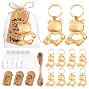 Golden Bear Keychain Keyrings Bottle Opener Set, 15pcs Organza Bag & Thank You Tag, Perfect Gift for Birthdays, Weddings, Anniversaries