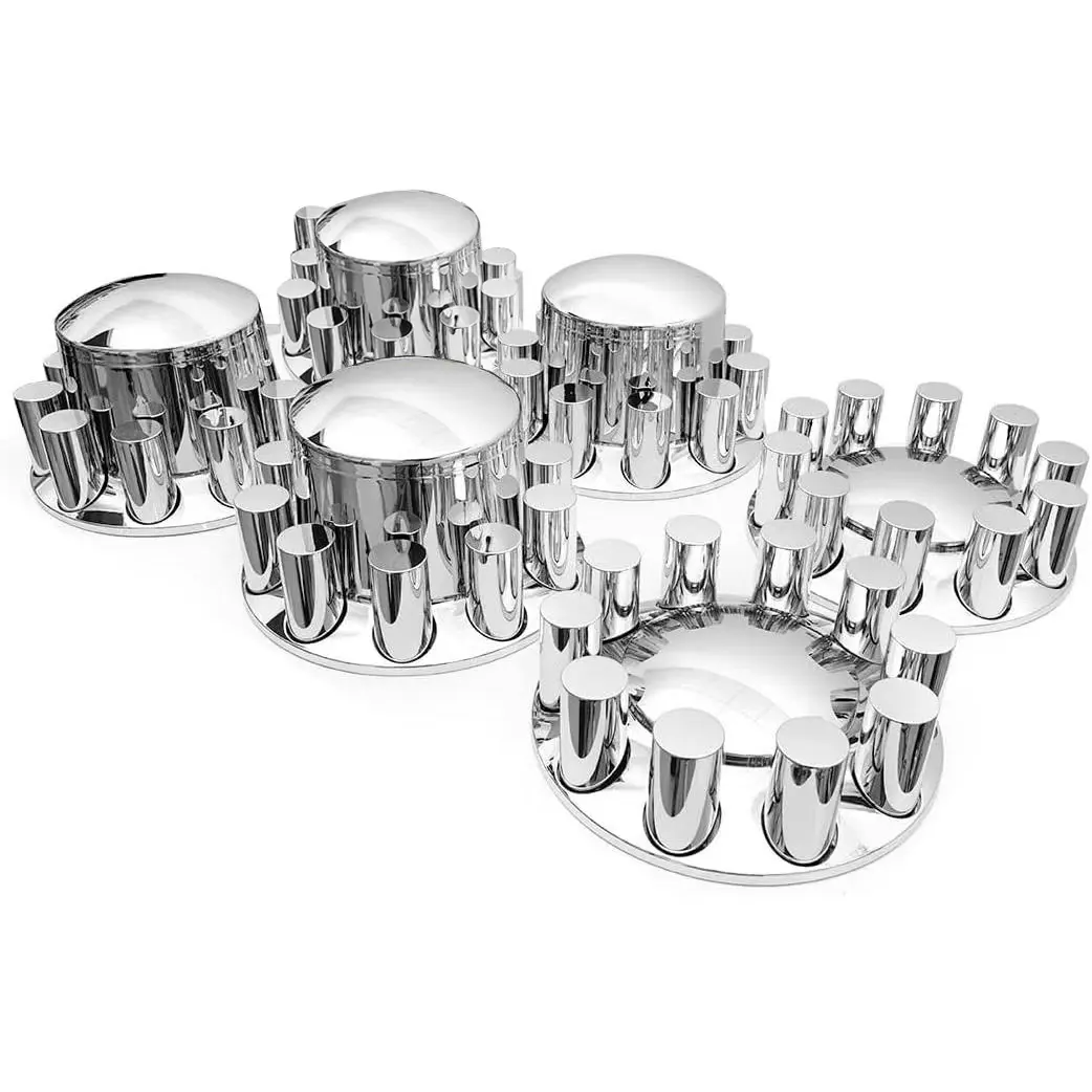 Chrome Front & Rear Axle Complete Wheel Kit - 33mm Screw-On ABS Plastic Cylinder Lug Nuts, 2 Front & 4 Rear Hub Caps, 60 Nut Covers per Kit, Universal Fit Removable Caps Automotive Car Accessory for Semi Trucks, Screw-On Nuts