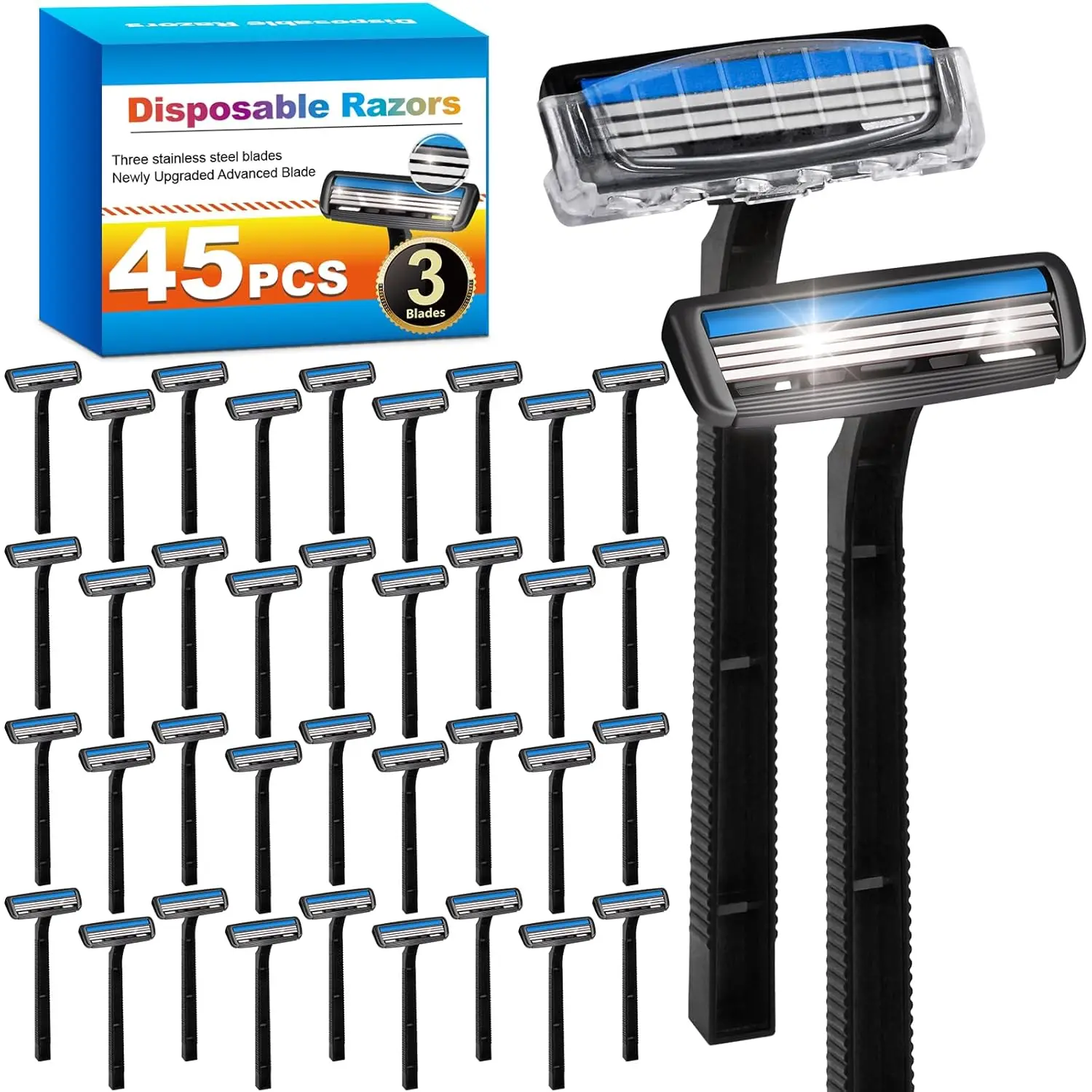 45 Pcs 3 Blade Disposable Razors With Clear Safety Cap, Shaving Razors Bulk for Men &Women, Stainless Steel Blade, Multipurpose Portable Shave Razor for Bathing Hotel Travel, Black