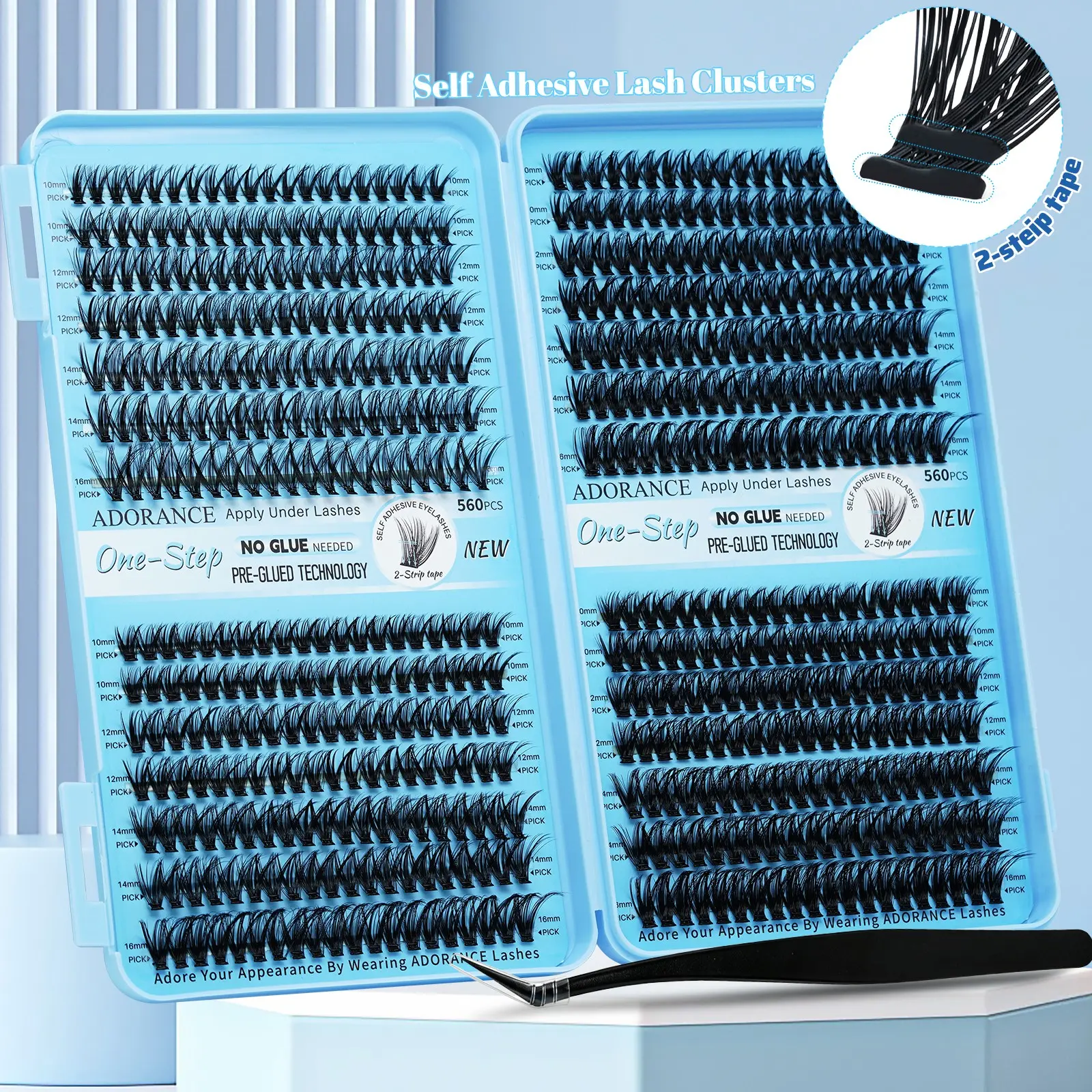 ADORANCE Pre-Glued Lash Clusters Kit 560PCS with 2-Strip Adhesive Tape, Self Adhesive Press On Lashes No Glue Needed, Natural Wispy Cluster Lashes 10-16mm with Non-Stick Applicato, Mixed Style Lashes, Cosmetic