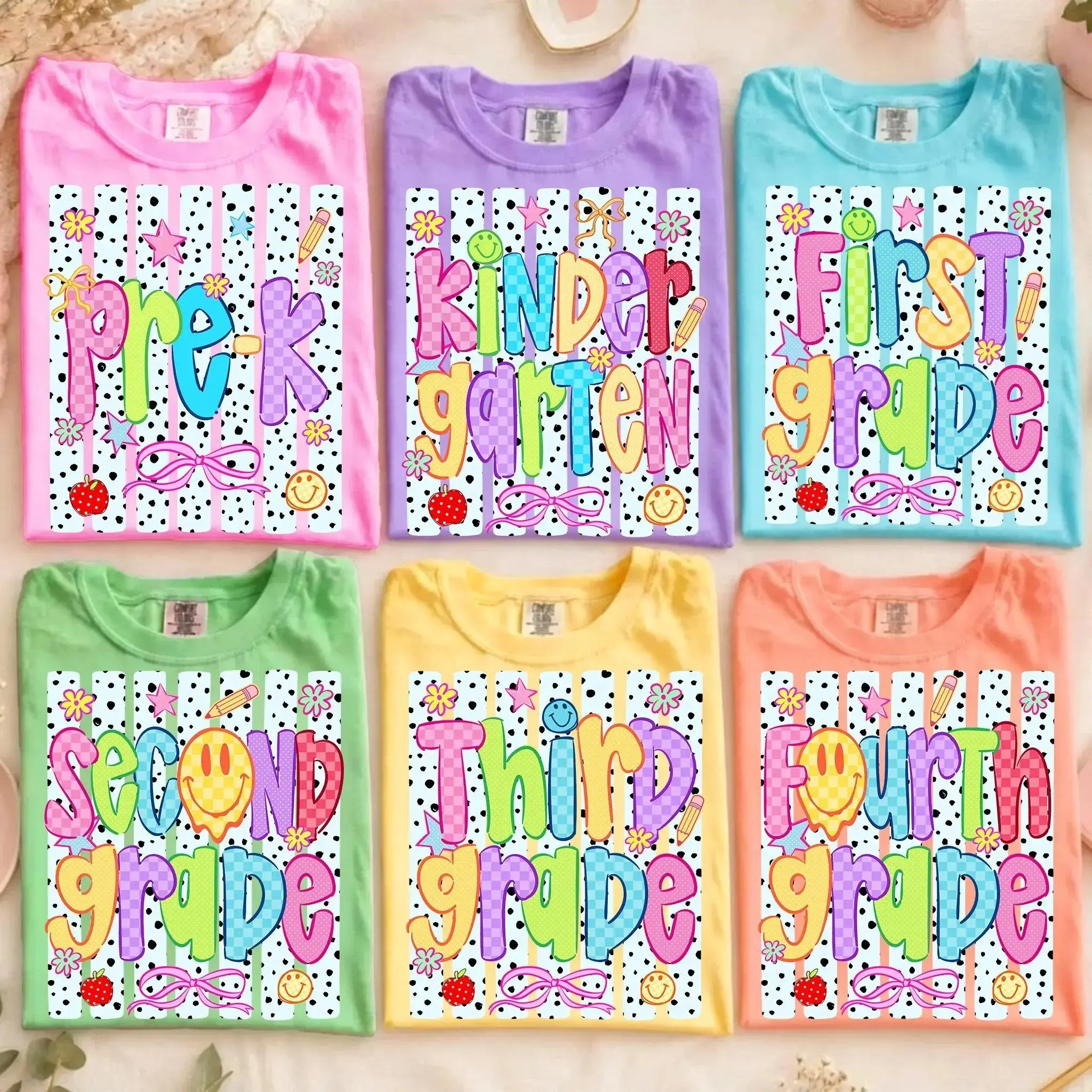 Comfort Colors Neon Striped Back To School Smiley Face Shirt, Comfort Colors Checkered Teacher Tee, Pre-K To Fourth Grade Apparel, Colorful School Grade Tshirt, Teacher Coquette Wear