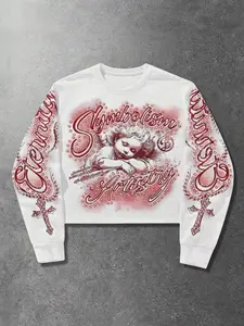 Men's Casual Classic Short Round Neck Graphic Sweatshirt, Angel Print, Long Sleeve Warm Top for Fall & Winter, Daily Wear, Menswear