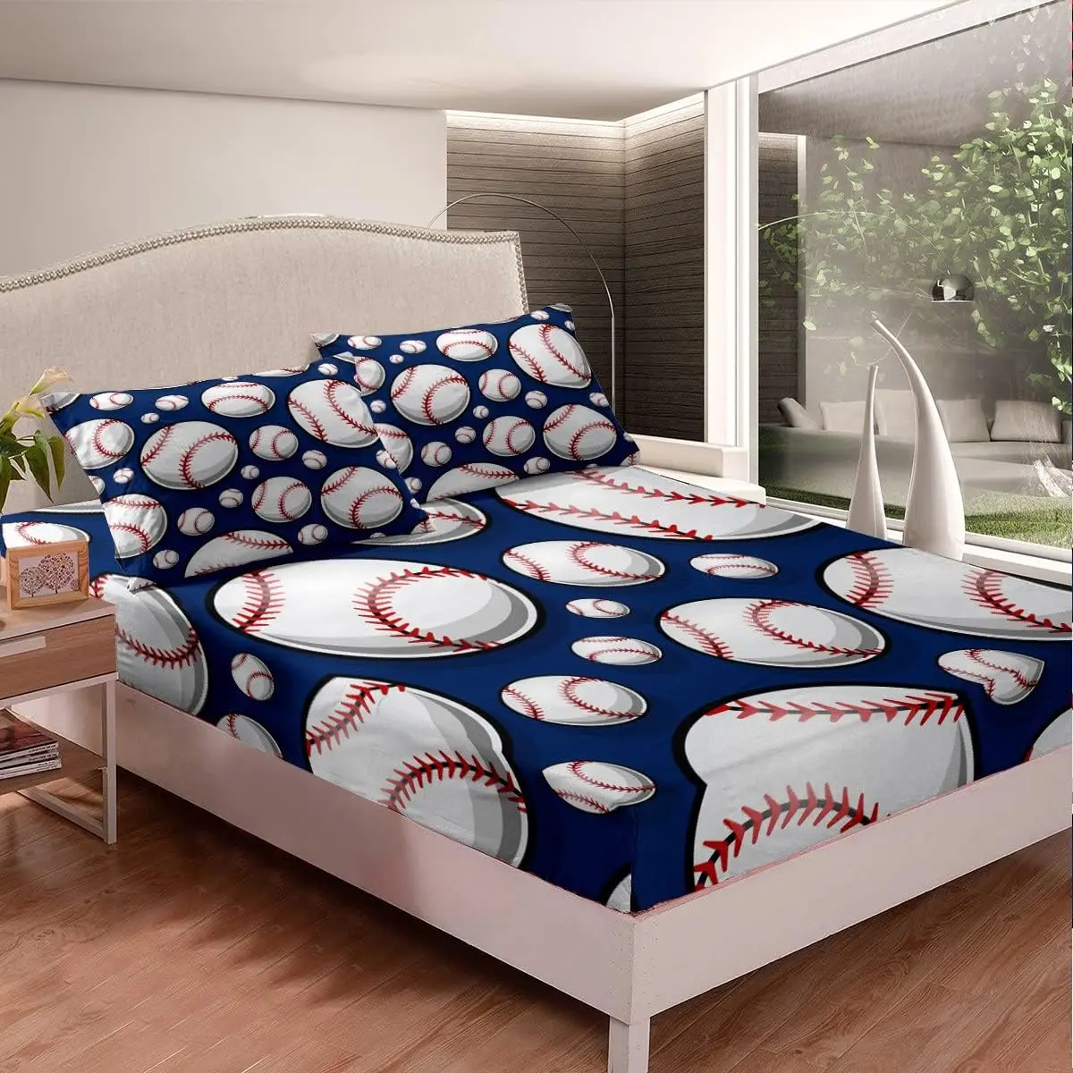 Feelyou Soft Bedding Set - Decorative Sports-Themed Bedsheet Sets with 3D Blue Baseball Graphic, Breathable Fitted Sheets & Bed Cover for Baseball Game Rooms, Decorative Bedding Set