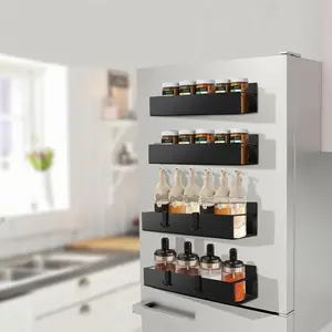 Magnetic Spice Rack Fridge Organizer Set – 4 Pack Kitchen Rack with Hooks, Metal Storage Shelf for Kitchen Accessories & Home Organization, Durable Rustproof Steel with Matte Black Finish, Strong Magnet-Powered Design with Multi-Use Hooks