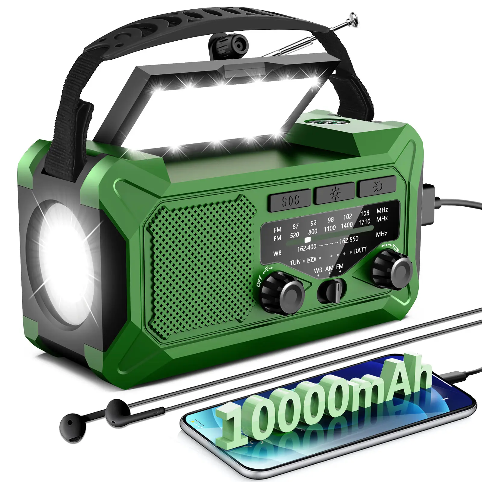 10000mAh Emergency Hand Crank Radio with LED Flashlight, AM/FM NOAA Portable Weather Alert Radio, Solar Powered Radio with Phone Charger, USB Charged,