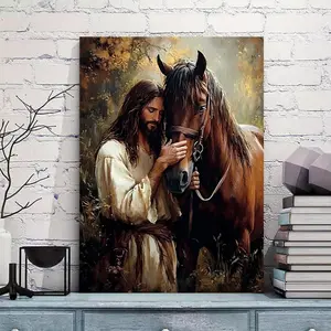 Canvas Art Jesus Touching Horse Head - Creative Wall Decor for Home & Office - Horse Decor for Bedroom, Living Room, Kitchen, Bathroom