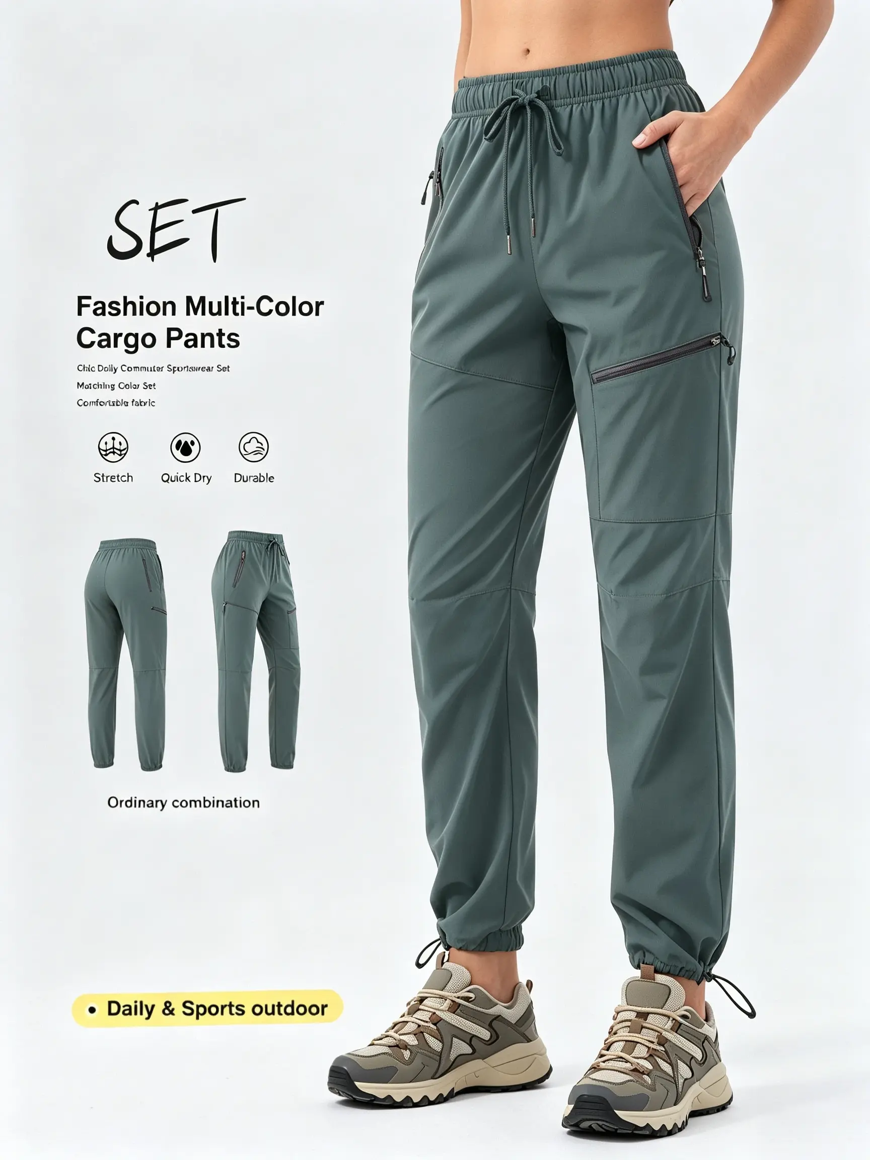 Women's Multi Zipper Pocket Cargo Joggers Elastic Drawstring Waist Quick Dry Stretch Lightweight Trousers, Adjustable Cuff Outdoor Hiking Camping Trekking Travel Workout Daily Casual Pants For Women sportswear