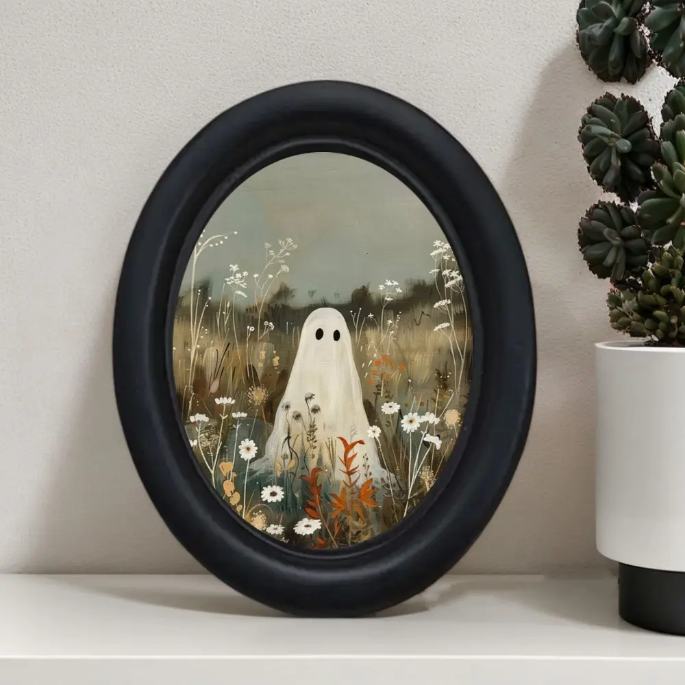 Vintage Halloween Ghost Wall Art, Artwork for Walls, Artistic Handmade Oval Wooden Floral Flowers Decoration Items, 5.25x4.16 Inch, Perfect for Christmas & Thanksgiving Decorations