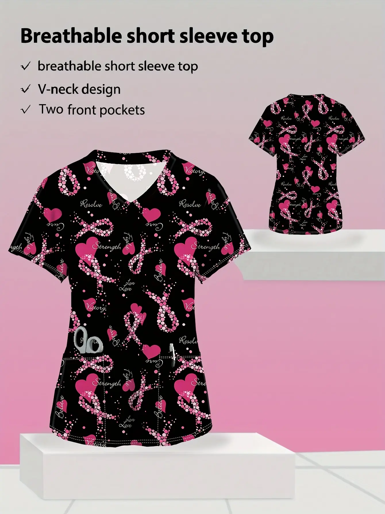 Beautiful Heart-Pattern Women'S Scrub Top, V-Neck, with Pockets, Casual Style Comfortable Fabric, Suitable for Nurses And Doctors' Uniforms, All Seasons