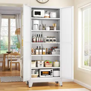 75.2" Tall White Pantry Cabinet with 5 Adjustable Shelves Large Capacity Storage for Kitchen & Living Room Sturdy Durable Steel Construction metal bathroom versatile Modern Freestanding Wooden Wardrobe Slim Waterproof Movable