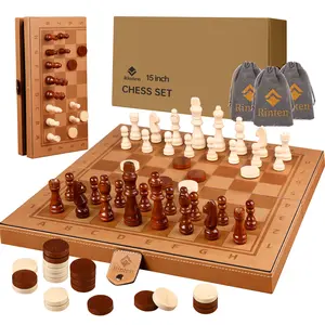 15" Magnetic Chess Set & Checkers Set 2 in 1，Leather Portable Travel Chess Board Game Sets with Velvet Bag Packaging - Beginner large Chess Set for Kids and Adults