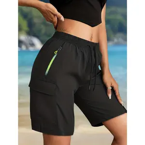Women's high waisted zipper pocket work pants - comfortable elastic waistband drawstring pants, suitable for running, exercising, hiking, and summer casual wear, slim fit compression training shorts, sports and leisure clothing
