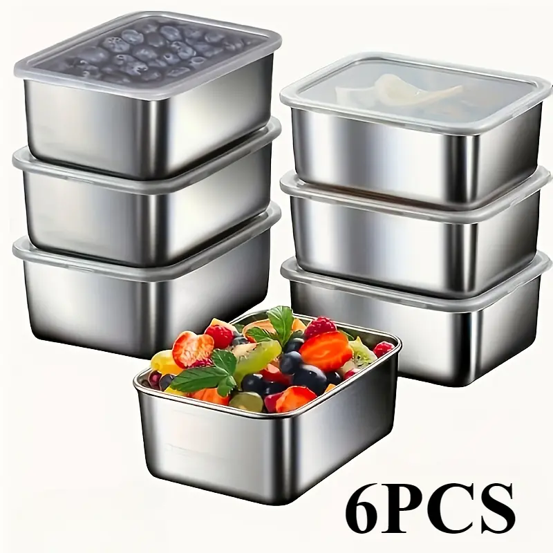 6-Pack Food Grade Stainless Steel Square Storage Containers with Lids - Leak-Proof, Stackable, BPA-Free, Reusable, Dishwasher-Safe Set with BPA-Free Compartments for Fridge, Camping, Bread Storage, Leak Proof Container