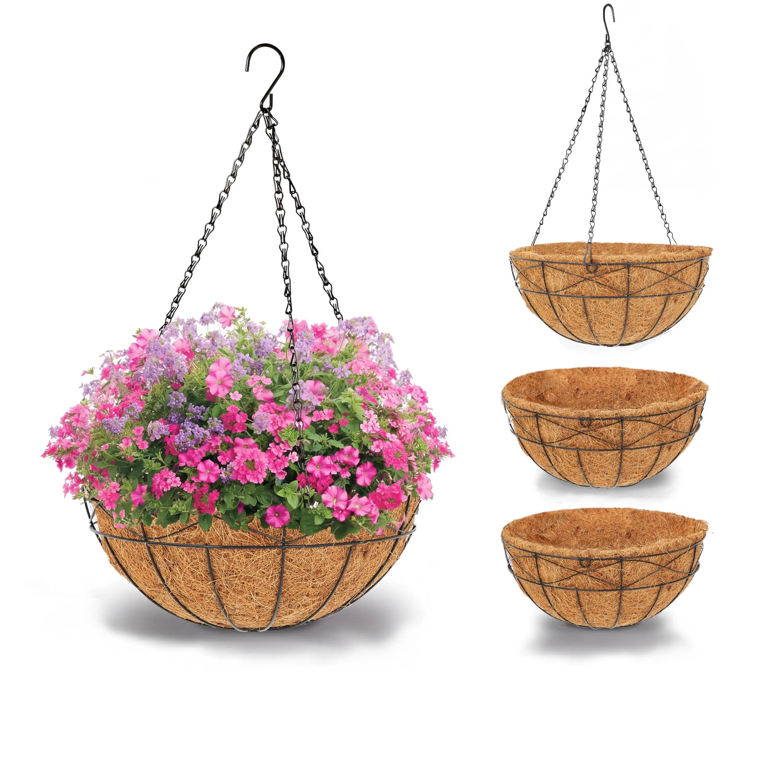 12in Hanging Planters for Outdoor Plants, Metal Chain Hanging Baskets with Coco Liner, Round Hanging Flower Pots for Porch Balcony Garden Patio Decor, Indoor Outdoor Use