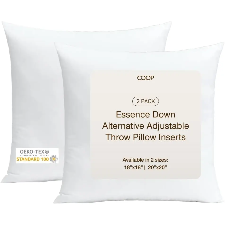 COOP Sleep Goods Essence Adjustable Throw Pillow Inserts (2 Pack) – Down Alternative Phluff Fill, Add/Remove for Custom Loft & Firmness, Decorative Square Cushions for Couch, Bed & Living Room, Machine Washable, OEKO-TEX Certified, 18x18 & 20x20, Two Piec