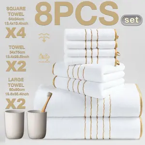 8-Piece Gold Trim Bath Towel Set, Quick-Dry Absorbent Microfiber, Includes Hand Towels & Face Cloths, Ideal for Home, Hotel, School Use