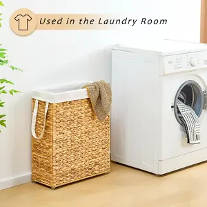 Slim Laundry Hamper, 75L Handwoven Natural Water Hyacinth Basket and Handles, Narrow Laundry Basket with Removable Liner Bag & 2 Mesh Bags