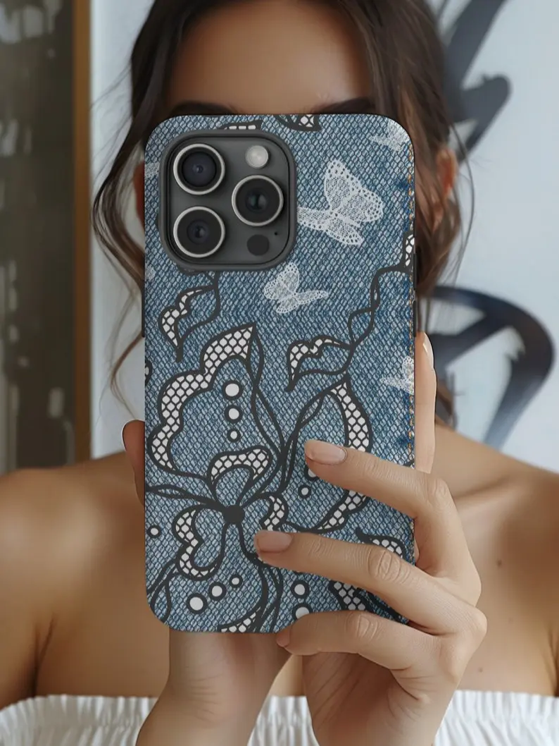 Blue Denim Lace Phone Case, Nostalgic Y2K Aesthetic, Spring Trends spigen iphone case