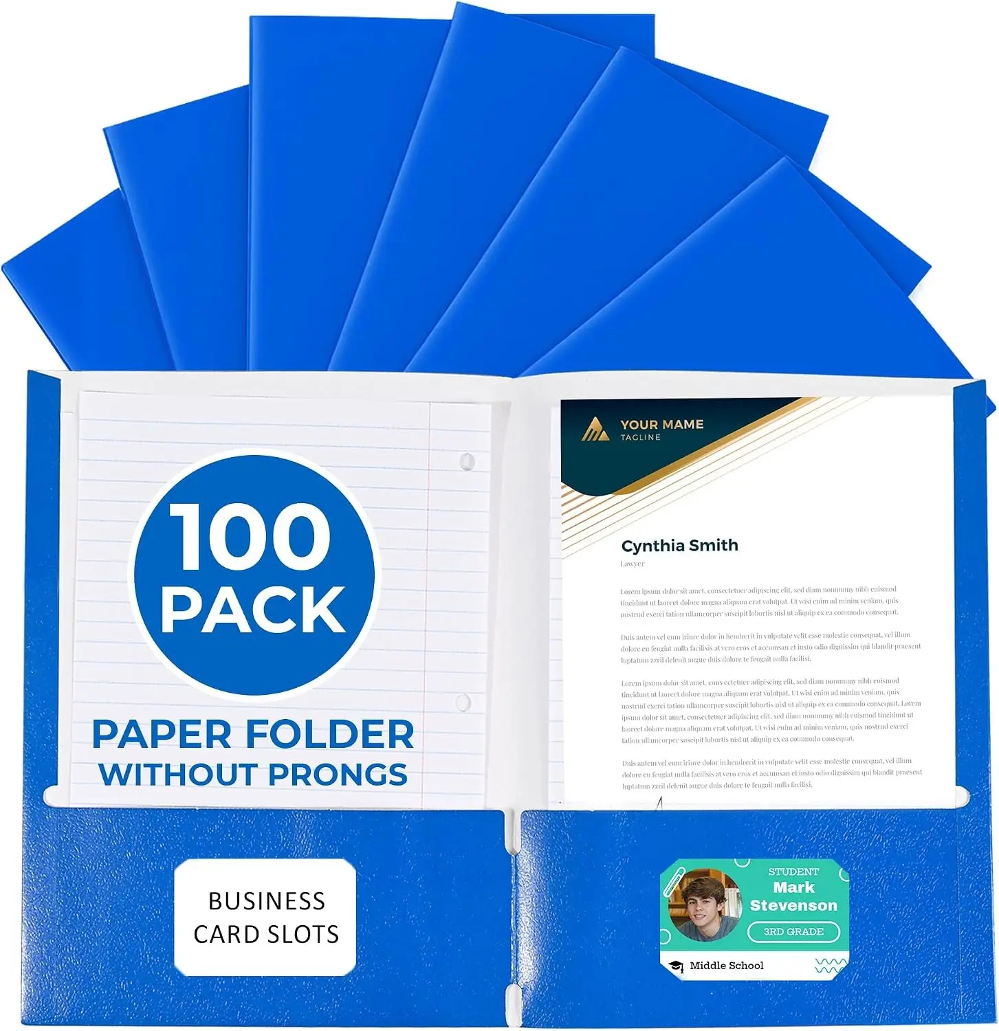 100 Pack Blue 2 Pocket Paper Folders. EPI Heavy Duty, Bulk Folders with Pockets and Business Card Slots. Colored Letter Size Document Organizers. Durable Portfolio for School, College, Office Files