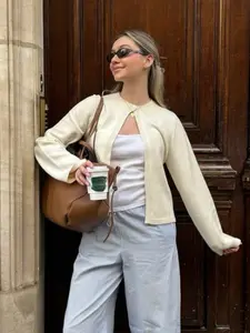 Women's Solid Color Drop Shoulder Long Sleeve Casual Versatile Cardigan Sweater, Perfect for Autumn Winter, Stylish and Comfortable