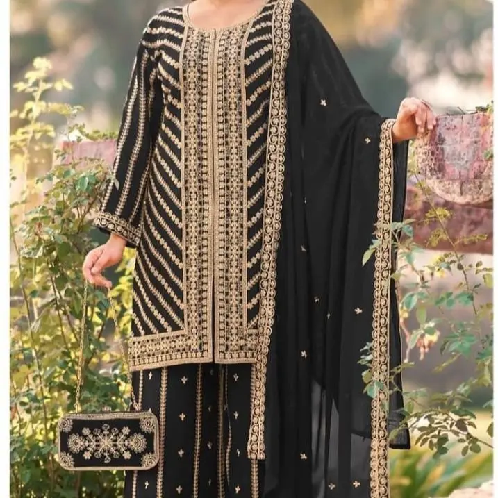 Black Color Real Georgette Fabric Formal Wear Full Stitched Wedding Sharara Suit, Sizes 36-44, with Matching Clothe Accessory Purse, Stylish Women's Formal Outfit - $85