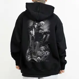 Women's Oversized Cotton-Polyester Blend Longsleeve Hoodie Pullover - Dga David Gonzales Ride Or Die Biker Graphic, Loose Relaxed Fit Unisex Lowrider Fabric Top