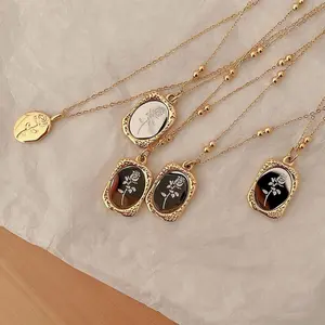 Titanium Steel Small Mirror Necklace Retro French Embossed Magic Mirror Rose Flower Square Clavicle Chain