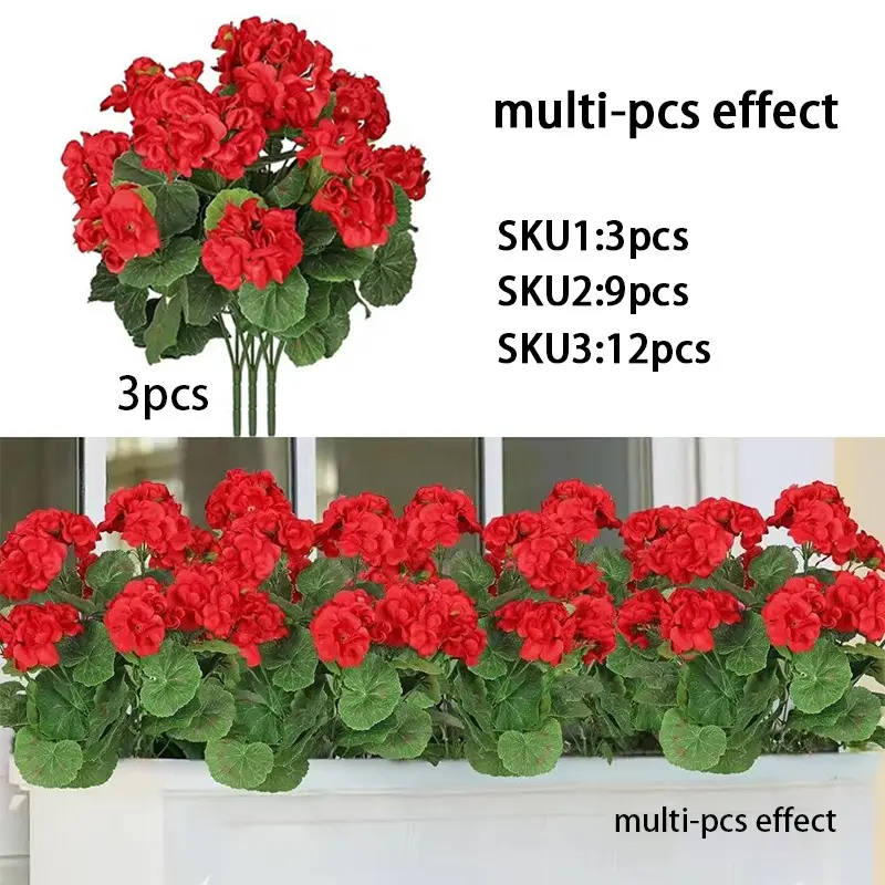 Artificial geranium flowers are UV-resistant, Decorative, suitable for Flower Arrangements, weddings, homes, hotels, offices, weddings, parties, home gardens, porches, cottage decorations, courtyards, window frame decorations, and Valentine's Day.