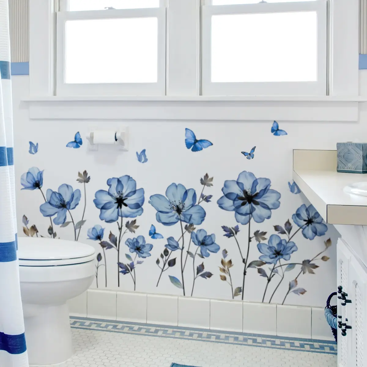 A set of two (30*60cm*2pcs) new hand-painted blue floral and butterfly translucent art decal sticker wall stickers for living room, bathroom, study room, spring decoration background wall stickers (M14116-ZW)