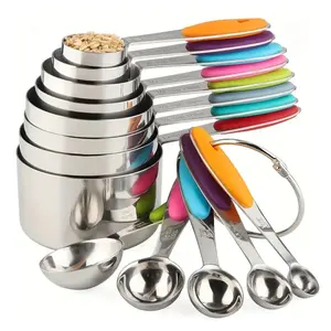 Measuring Cups and Spoons Set, Set of 13 Stainless Steel Measuring Cups and Spoons, with Silicone Handles, Stackable, Easy to Store for Kitchen, Cooking, Baking (Colorful)