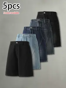 Available in multi-pack options. Men’s vintage washed distressed denim shorts featuring patchwork deconstructed panel design—fashionable, trendy, casual, versatile, loose fit athletic men’s denim shorts.summervibes