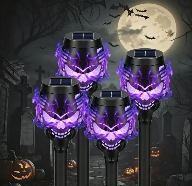 Outdoor Halloween 4-Piece Spooky Theme Pathway Light Ornaments, Plastic Body Skull Stakes with Flickering Purple Flame, Eerie Look & Manual Switch, Lawn Patio Decorations