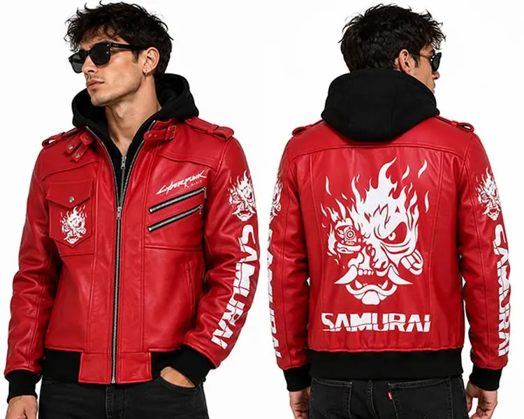 Premium Red Cyberpunk 2077 Samurai Gaming Leather Jacket Removable Hood- Gaming Cosplay Jacket - Best Gift