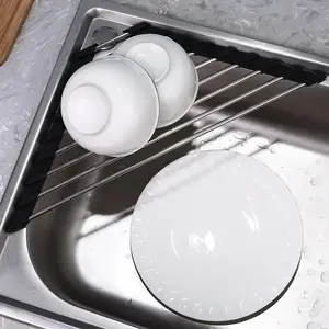 Roll Up Triangle Dish Drying Rack Kitchen Sink Organizer Corner Over the Sink Sponge Rag Holder Foldable Stainless Steel Drainer Kitchen Draining Rack Bowl Drying Rack Dish Drying Organiser