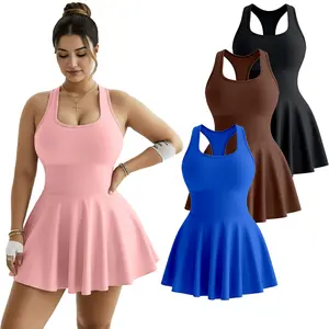 Women's High-Stretch Polyester Sleeveless Athleisure Sports Dress - Built-in Shorts, Flared Skirt, Machine Washable Tennis Attire for Summer Workout Athletic Dresses