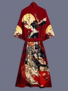 Traditional Ethnic Style Japanese Beauty Print Long Sleeve Satin Kimono Cardigan, Women's Elegant Streetwear Casual Outerwear, Womenswear