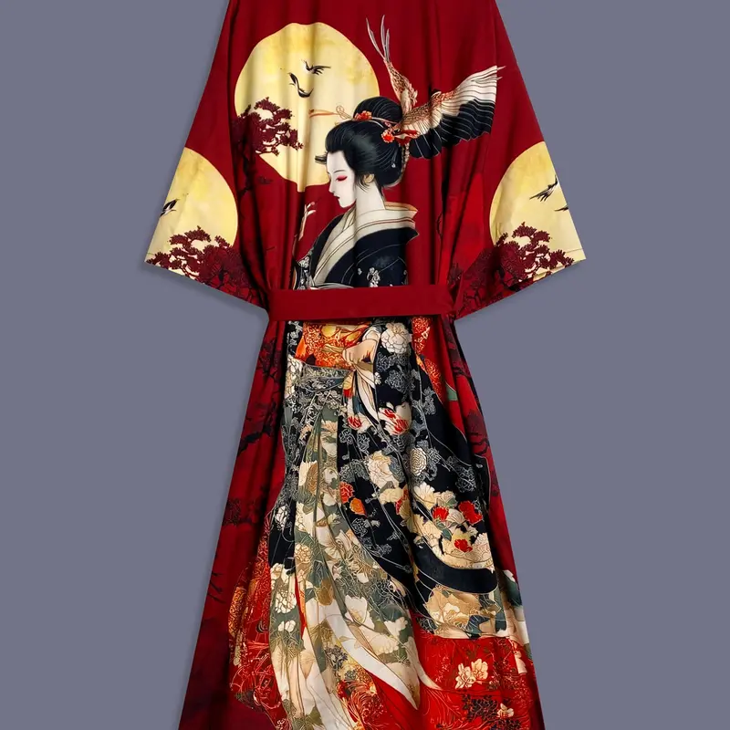 Traditional Ethnic Style Japanese Beauty Print Long Sleeve Satin Ethnic Pattern Kimono Cardigan, Kimono Robes, Women's Elegant Street Clothes, Womenswear