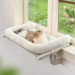 Cat Window Sill Perch with Large Bolster, Easy to Adjust & Assemble Cat Window Seat for Windowsill & Bedside, Cat Hammock Bed for Large Cats and Kittens (White, M)