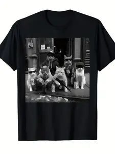 Men's Funny Gangster Cats T-Shirt - Retro Streetwear Graphic Tee with Tough Gang Design, Comfortable Casual Short Sleeve Shirt for Casual Attire, Machine Washable for all-Season Fit