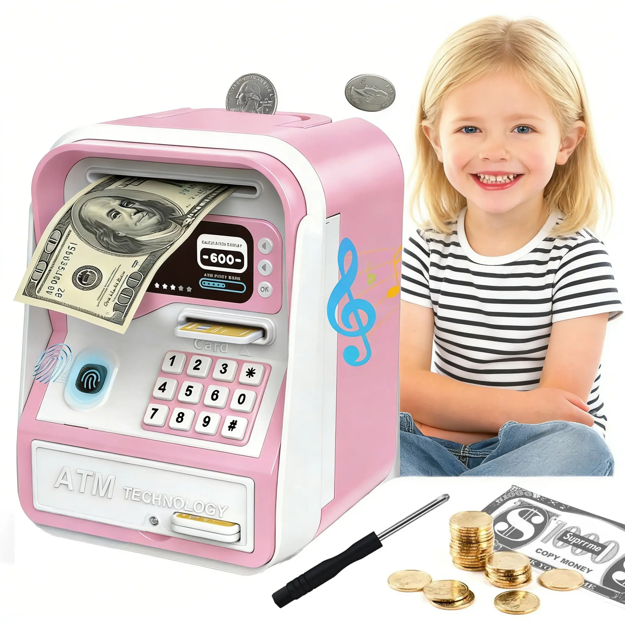Digital Piggy Bank - High-Capacity Electronic Password Code & Fingerprint Lock Mini ATM Cash Coin Jar (Holds 600 Coins, 100 Paper Bills), Home Supplies Decor for 3-12 Year Old Kids, Christmas/Birthday/Children's Day Gift Toy