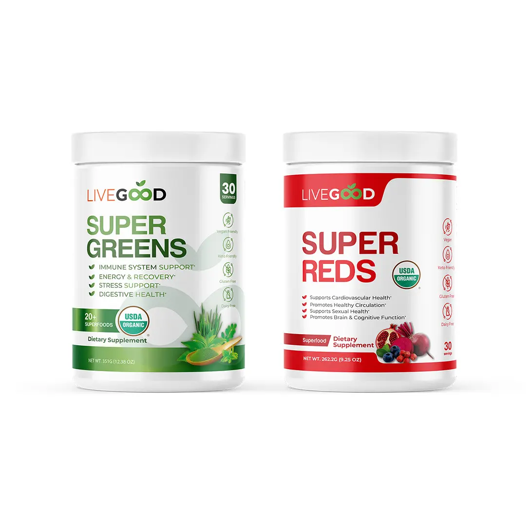 LiveGood Super Greens & Super Reds Organic Dietary Supplement Bundle – USDA Organic Superfood Powder for Immune Support, Energy, Circulation (30 Servings Each)