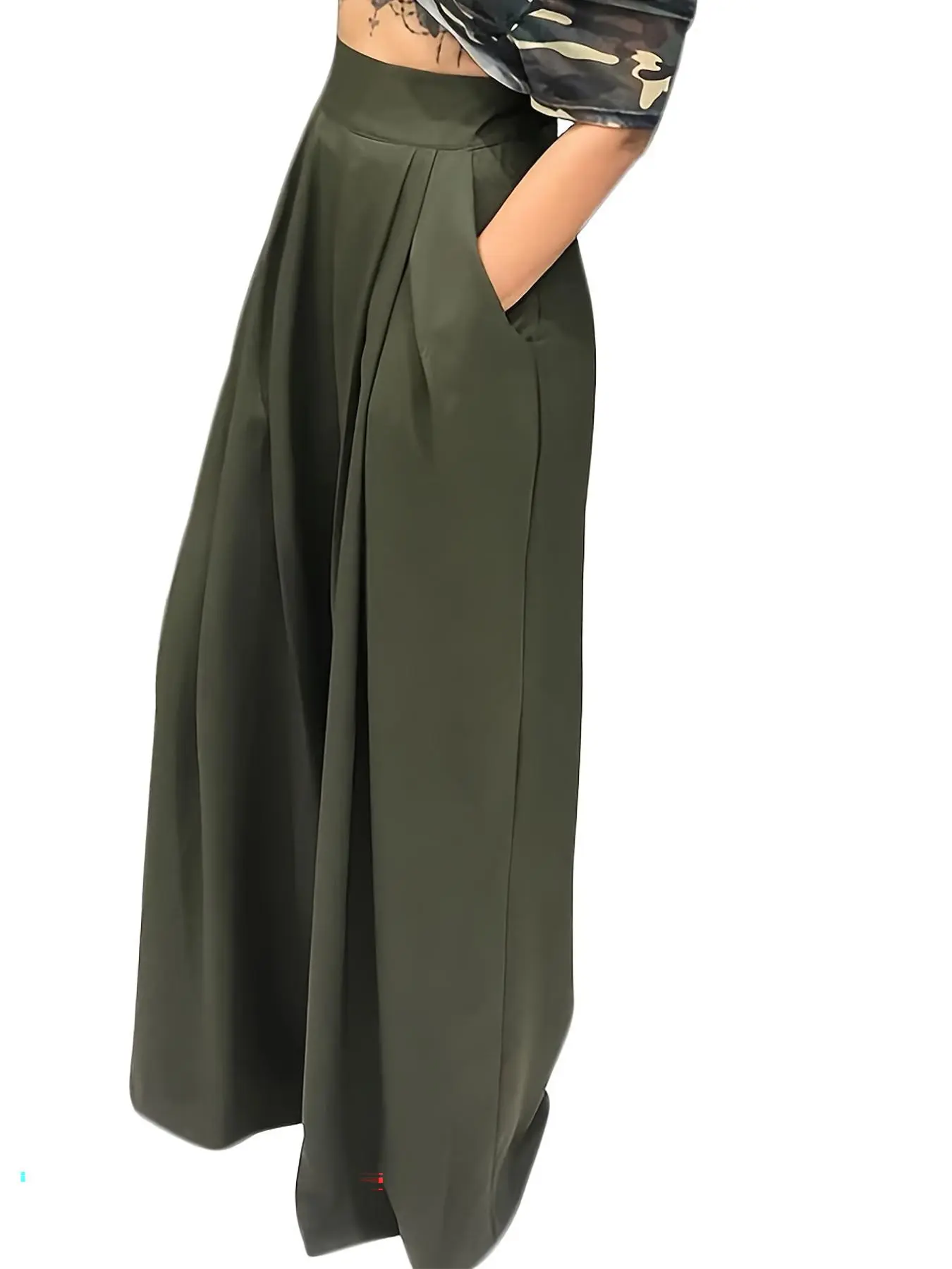 Women's Plain Plicated Pocket Wide Leg Pants, Casual Comfy High Waist Trousers for Summer, Ladies Bottoms for Daily Wear Womenswear