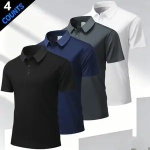 Four solid-color men’s polo shirts in a business-casual style featuring a classic turn-down collar design with refined button detailing. Short sleeves offer a versatile fit for multiple seasons, while the mesh fabric is breathable and skin-friendly. A sli