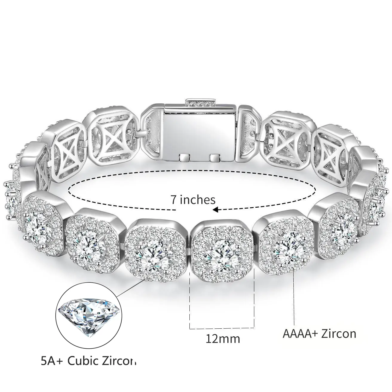 [Iced Out Hiphop Bracelet] GEMSME 12MM Square Zirconia Halo Tennis Bracelet 2 Colors VVS1 Clarity Hypoallergenic Perfect Gifts for Men Women Birthday Engagement Wedding Party Accessories B-0006