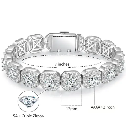 [Iced Out Hiphop Bracelet] GEMSME 12MM Square Zirconia Halo Tennis Bracelet 2 Colors VVS1 Clarity Hypoallergenic Perfect Gifts for Men Women Birthday Engagement Wedding Party Accessories B-0006,sohochic